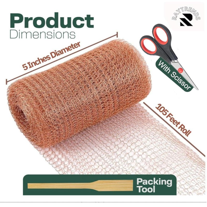 RAYTRENDS 3rd Gen Copper Mesh Rodent Control Kit 5" x 105ft, 100% Premium Copper Wool for Sealing Holes & Water Gaps, Blocks Slugs, Snails, Mice & Pests – with Scissors & Packing Tool - Image 2
